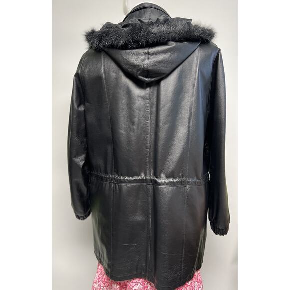 Vintage 90s Y2k Black Soft Leather Coat Cinched Waist Mid Length Sz 16 Faux Fur - Picture 7 of 16